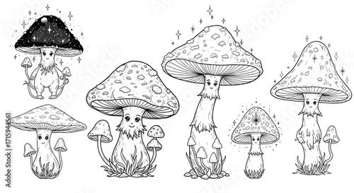 Whimsical fantasy mushrooms with intricate details and character faces