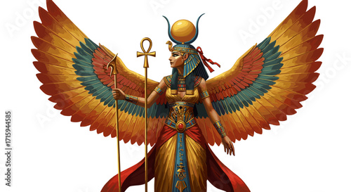 Majestic ancient egyptian goddess with wings in vibrant colors