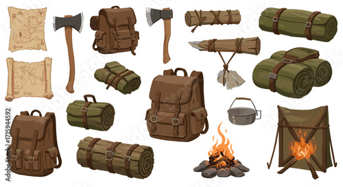 Camping essentials: backpack, tools, and fire in a flat style for adventure seekers