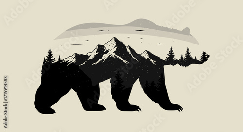 Double exposure bear with mountain landscape and starry sky in silhouette art