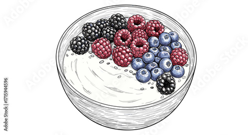 Hand drawn yogurt bowl with mixed berries in detailed sketch style