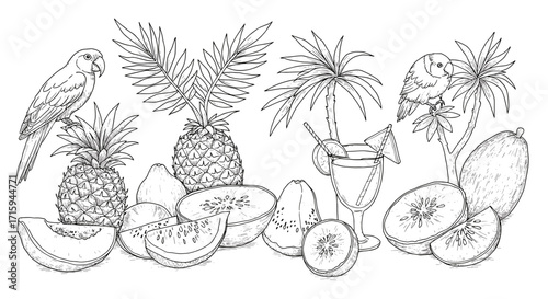 Exotic fruits and parrots with tropical palm leaves in detailed line art