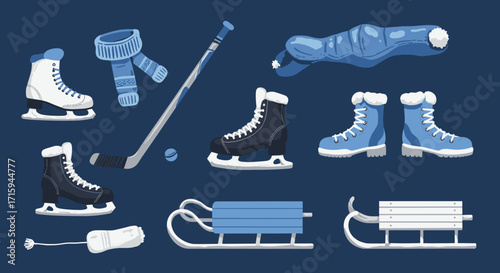 Winter sports gear in blue: ice skates, sleigh, and accessories on blue background