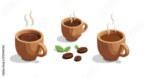 Isometric hot beverages with coffee beans and leaves on white background