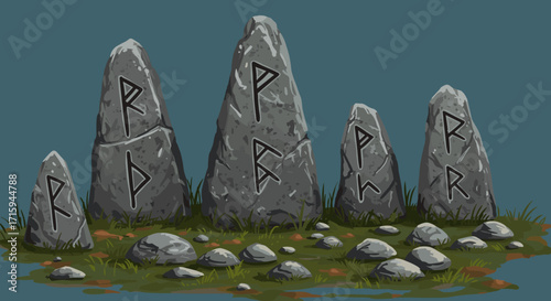 Ancient rune-inscribed stones on a mystical landscape