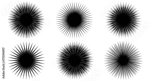 Set of radial abstract shapes with thin sharp lines in black and white