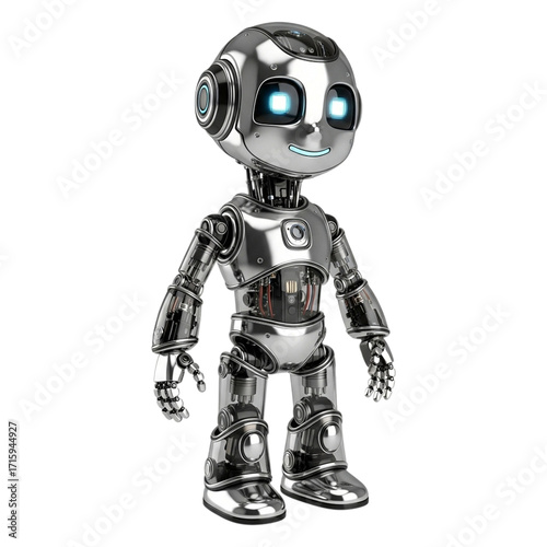 Friendly Chrome Robot, Futuristic Design, 3D Render, Isolated on Black Background, Cheerful Expression, Technology Concept, AI, Artificial Intelligence, Modern Robotics.