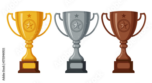 Gold, silver, and bronze trophy set with star emblem on pedestal