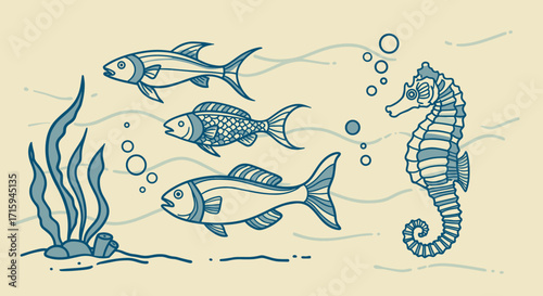 Aquatic life in vintage style with fish and seahorse in blue tones