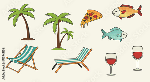 Tropical and nautical elements with fish, palm trees, wine, pizza, and loungers