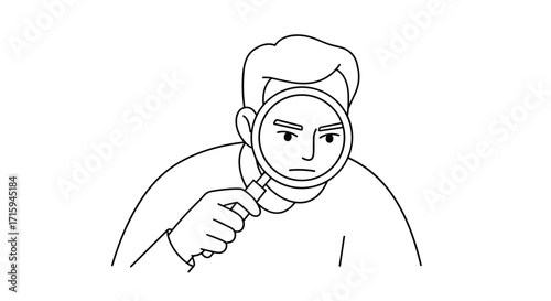 Man examining with magnifying glass in minimalist outline style