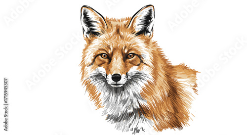 Detailed portrait of a fox with soft brush strokes on white background