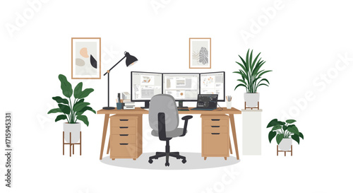 Home office with dual monitors and plants in modern workspace