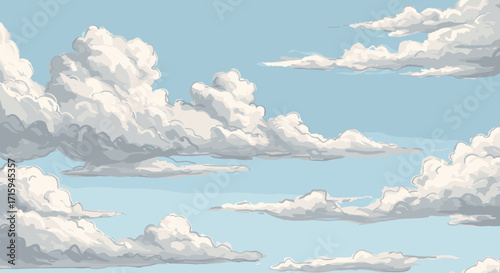 Realistic cloudscape against blue sky: fluffy cumulus clouds in tranquil atmosphere