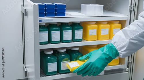Gloved hands handling sensitive antiviral compound intermediates under a biosafety cabinet in a chemical containment laboratory.