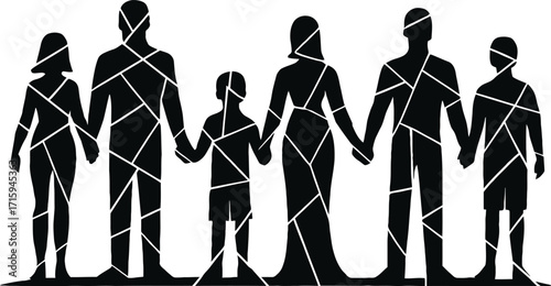 Diverse family group holding hands silhouette connected by abstract lines symbolizing unity and bond 