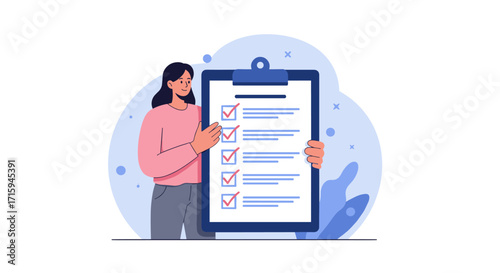 Woman holding checklist illustration with check marks in modern flat style