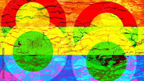 Abstract rainbow circles on a cracked wall texture