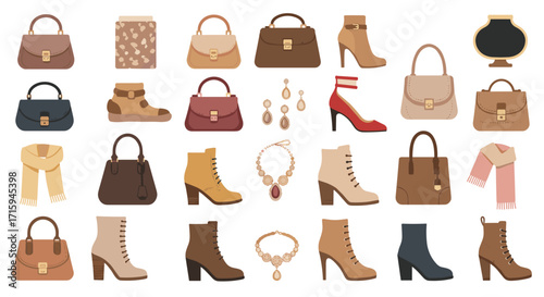 Elegant autumn fashion accessories collection: shoes, bags, and jewelry