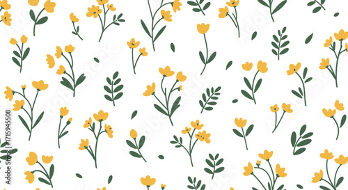 Seamless pattern with minimalist yellow flowers and green leaves on white background
