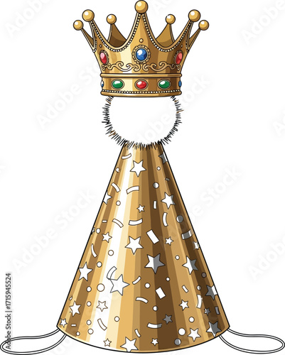 Vector art of golden party hat with crown and pompom on a light blue background
