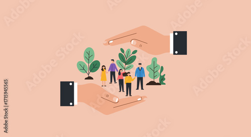 Conceptual protection of people by hands with nature elements in flat design