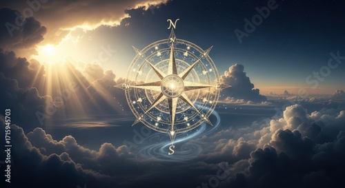 Celestial Compass Guiding Through Cloudy Skies with Sunbeams
