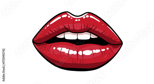 Bold red lip art with glossy finish on white background