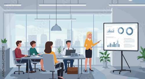 Business meeting in modern office with presentation charts on screen