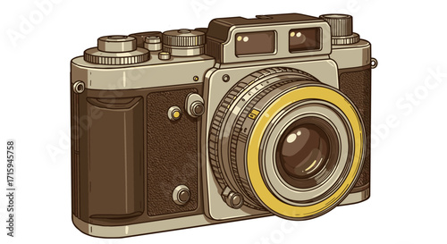 Vintage classic camera with detailed drawing style in retro colors