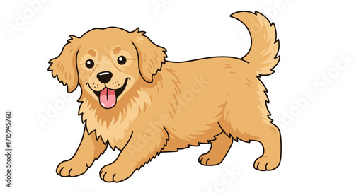Playful puppy with fluffy coat and wagging tail on white background