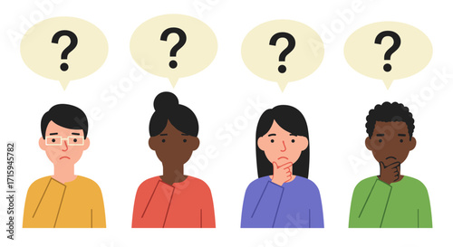 Diverse group of people thinking with question marks in minimalist style