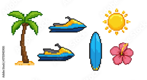 Retro pixel art beach icons: jet skis, palm tree, surfboard, sun, hibiscus