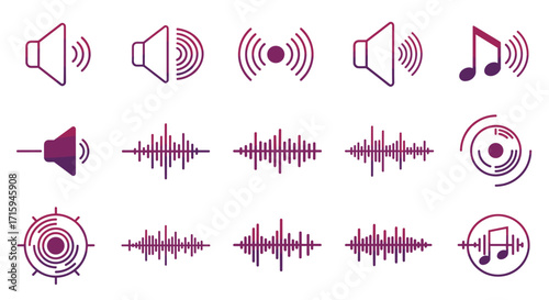 Minimalist audio icons set with gradient sound waves and music symbols