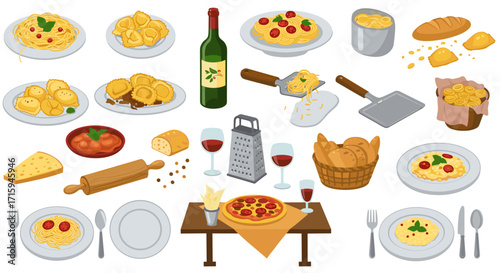 Italian cuisine elements with pasta, wine, and cheese in isometric style