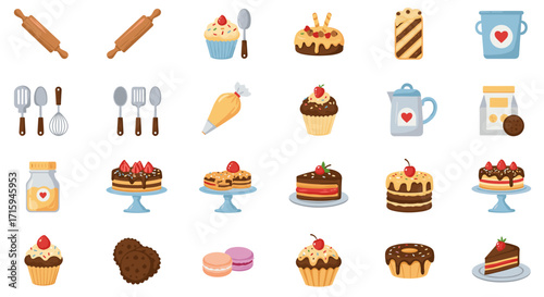 Colorful baking treats and tools set for delicious creations
