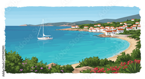 Scenic coastal village with sailboat on a sunny day