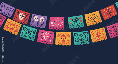 Colorful papel picado banners celebrating dia de los muertos on dark background