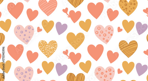Seamless heart pattern with colorful and textured designs on white background
