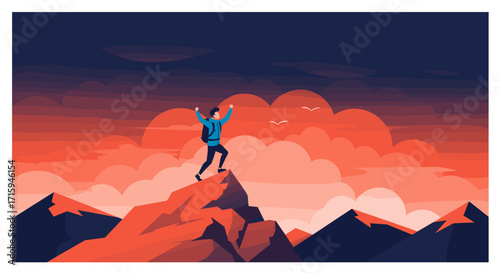 Adventurous man on mountain peak celebrating at sunset in vibrant landscape