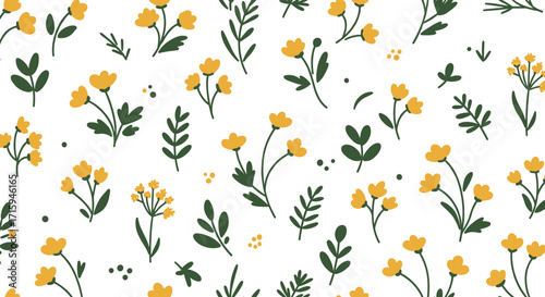 Yellow floral pattern with buttercups and greenery on white background