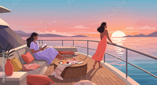 Serene sunset relaxation on a luxurious yacht with scenic ocean views