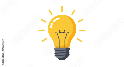 Bright light bulb with radiating rays on white background