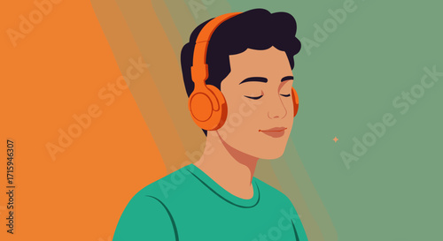 Calm young man with headphones against orange and green split background