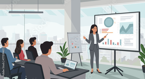 Business presentation in modern office setting with data charts and professional team