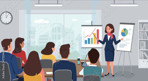 Business presentation meeting with charts in modern office setting