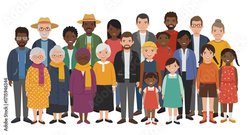 Diverse community group portrait with various ages and cultural styles in flat design
