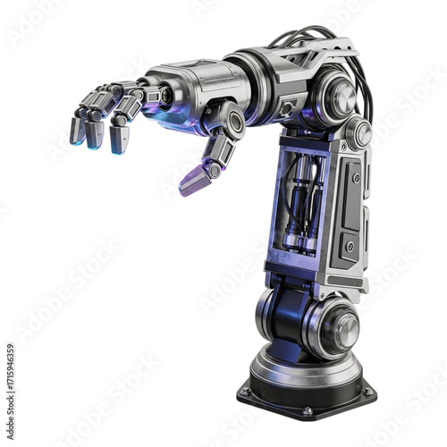 Cyberpunk Robotic Arm Reaching; Futuristic, Metallic, Industrial Design; Isolated on Black Background.