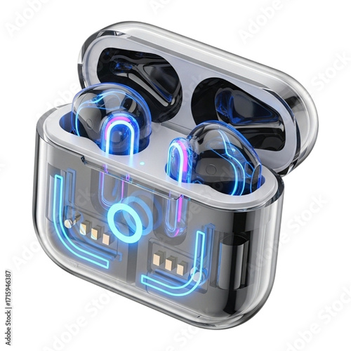 Wireless Earbuds Charging Case: Futuristic Transparent Design, Neon Glow, Technology Concept