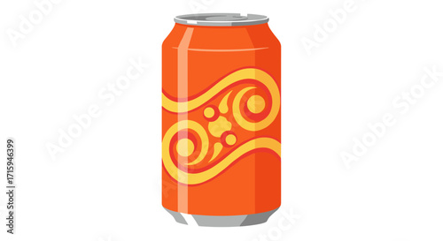 Vibrant orange soda can with decorative swirls on white background